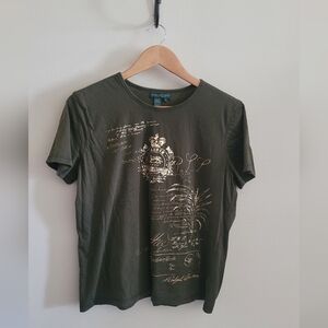 Ralph Lauren Gold Toned Metallic Foil Tshirt, Women's XL, Army Green